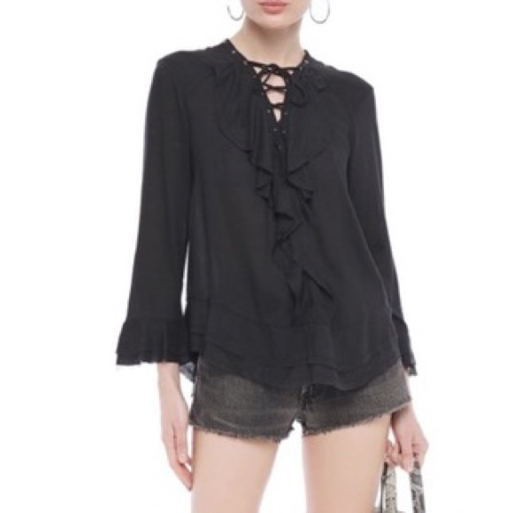 IRO Finley lace front ruffle black boho blouse